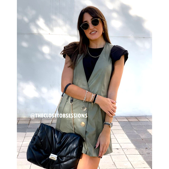 💚 ZARA V-Neck Button Mini Dress NWT | Green Faux Leather Pinafore S/M - Picture 11 of 16